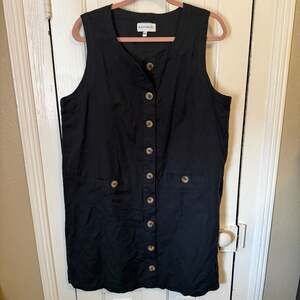 NAVYBLEU Black Cotton Linen Blend Button-Down Sleeveless Mini Dress Large